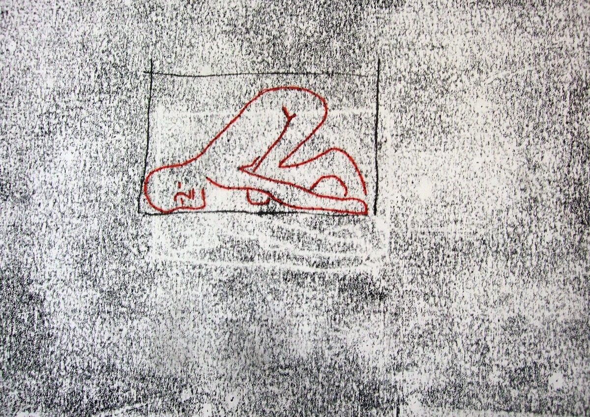 And Relax, monotype & stitched red thread